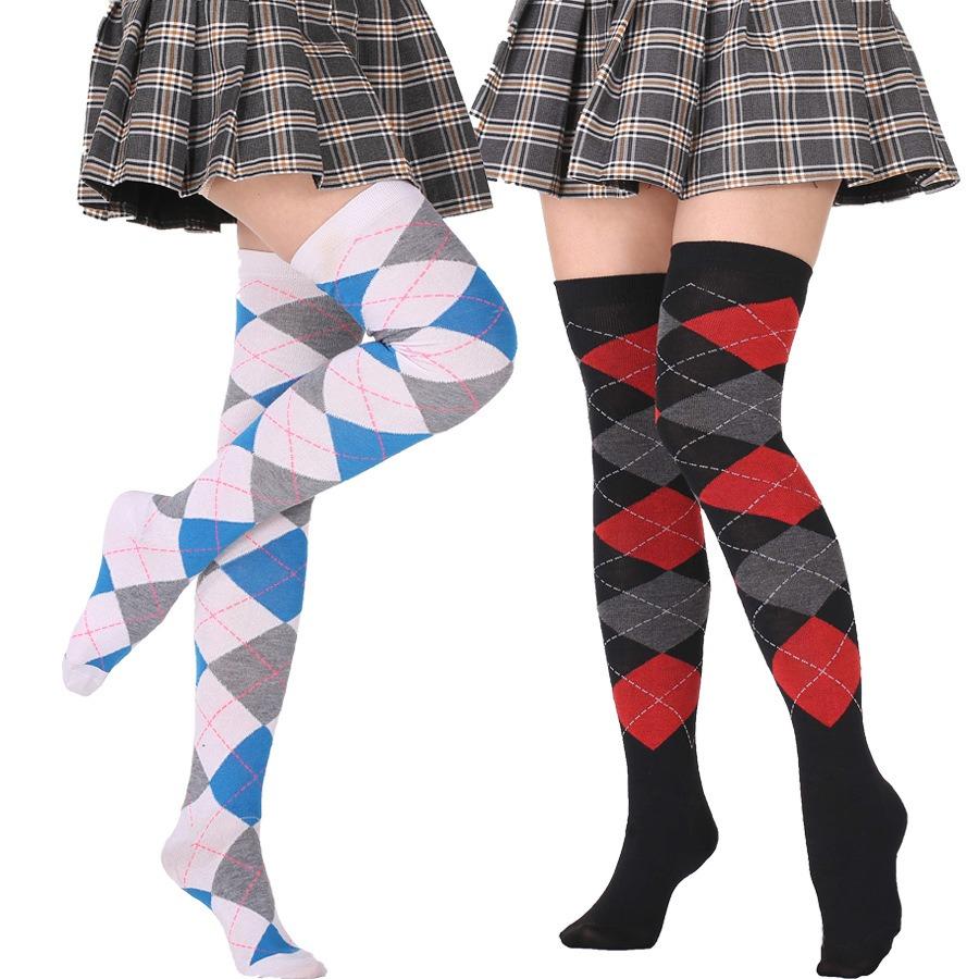 New Vintage Style Women's Socks Diamond Plaid Over Knee Socks Student Casual Stockings Party Dance Socks