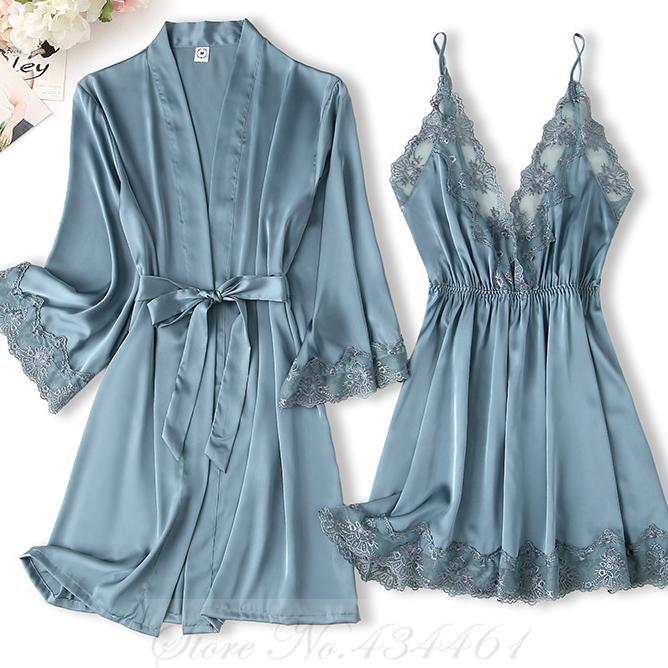 

Черный кружевной халат из 2 предметов, ночная рубашка, комплект, весна-лето, женская ночная рубашка, сексуальный банный халат, нижнее белье, свободная атласная домашняя одежда L