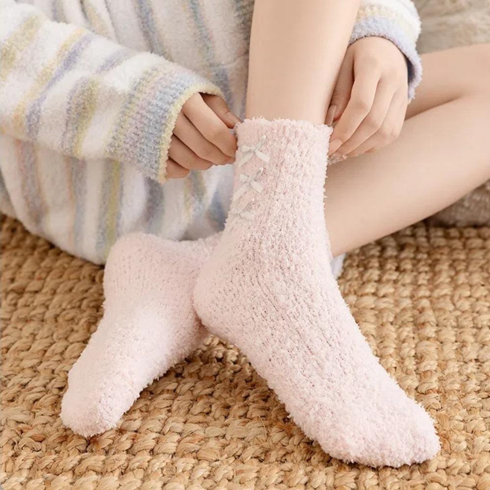 Coral Fleece Middle Tube Socks Bowknot Floor Socks Cute Women's Socks  Autumn