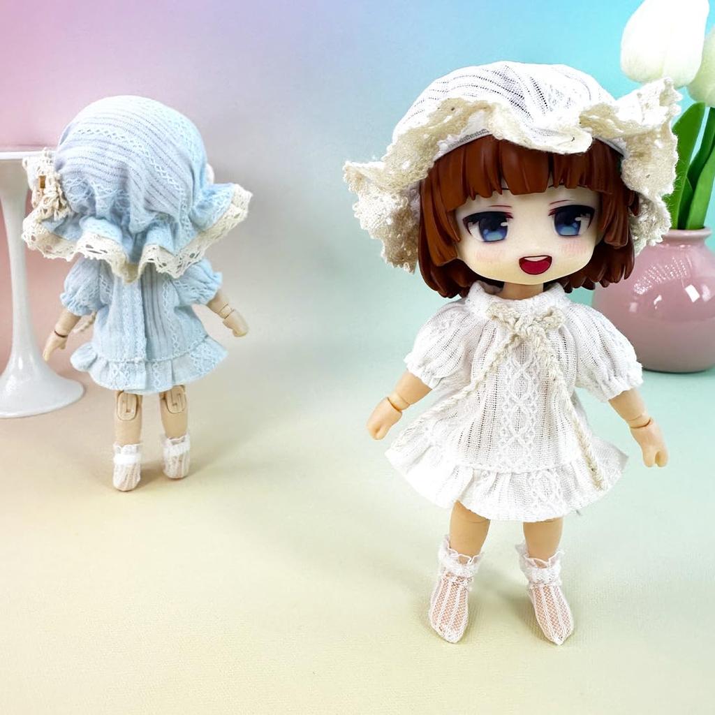 Xyrmync OB11 Outfit Set (Hat, Skirt, Lace Socks, Nightdress) - Suitable for Obitsu 11 112 BJD Dolls (11cm Body) (White)