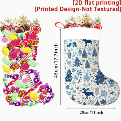 Christmas Decoration Fireplace Hanging Stocking 2D Flat Blue And White Polka Dot Snowman And Elk And Christmas
