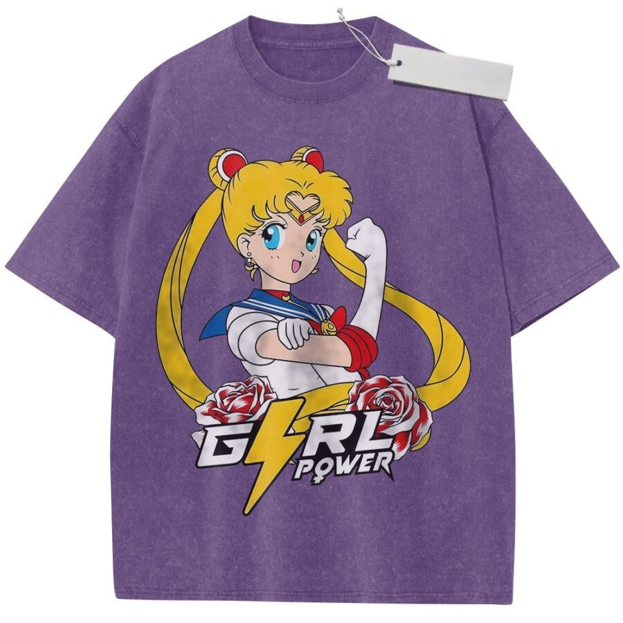 Unisex Washed Pink Vintage Tshirt Sailor Moon Girl Power Highquality Fabric for Home Leisure Travel Shopping