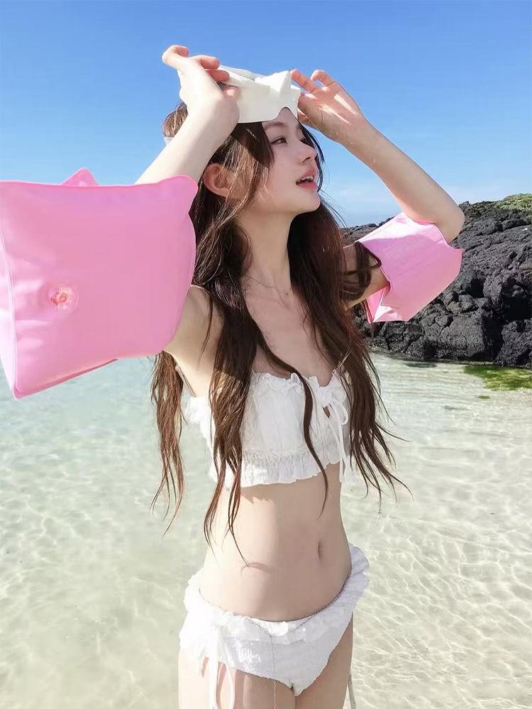 Girls' Fashionable White Ruffle Bikini - High-End Vacation Swimwear