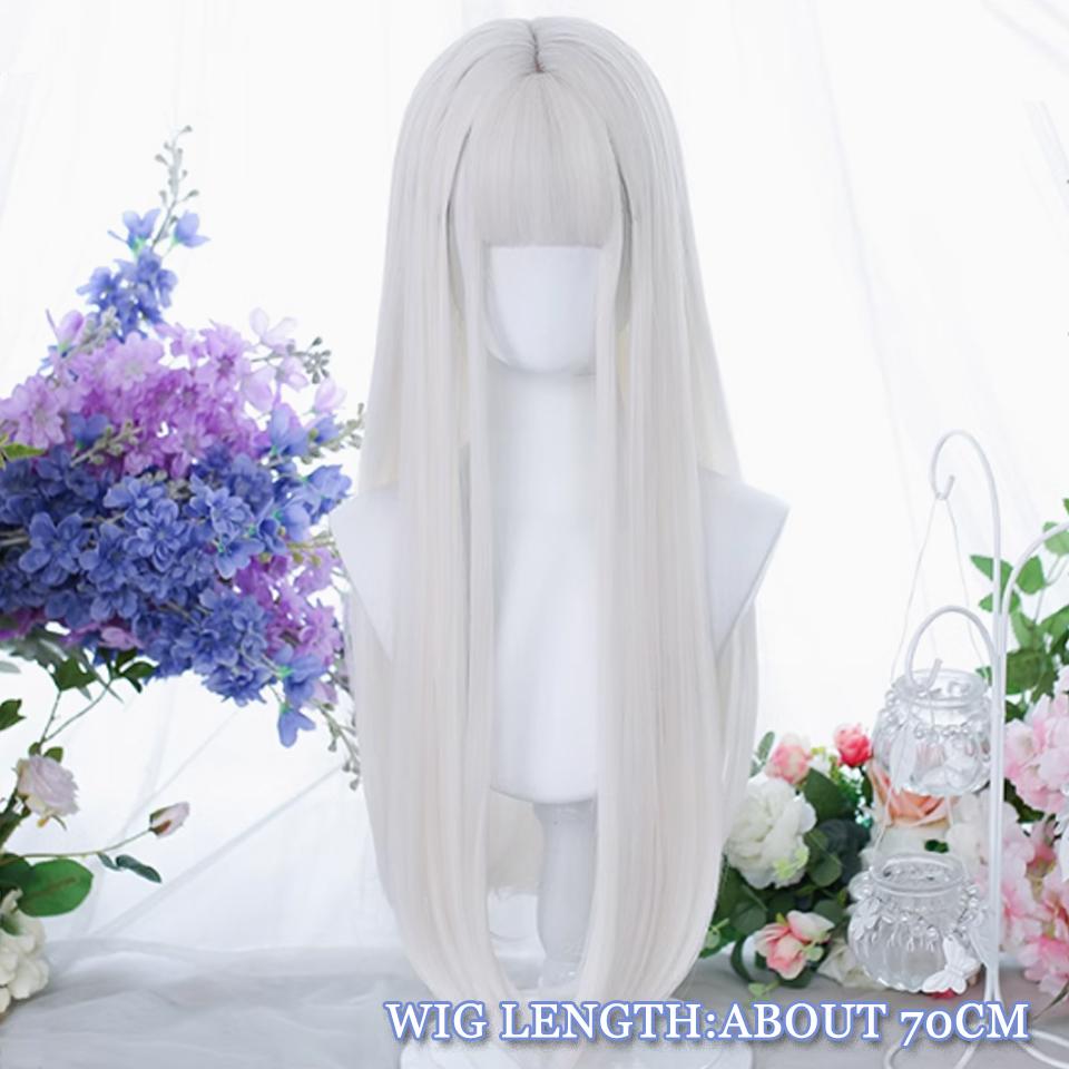 WTB White Long Straight Synthetic Wig Female Elegant And Fresh Lolita Straight Bangs Straight Hair Cosplay Party Wig