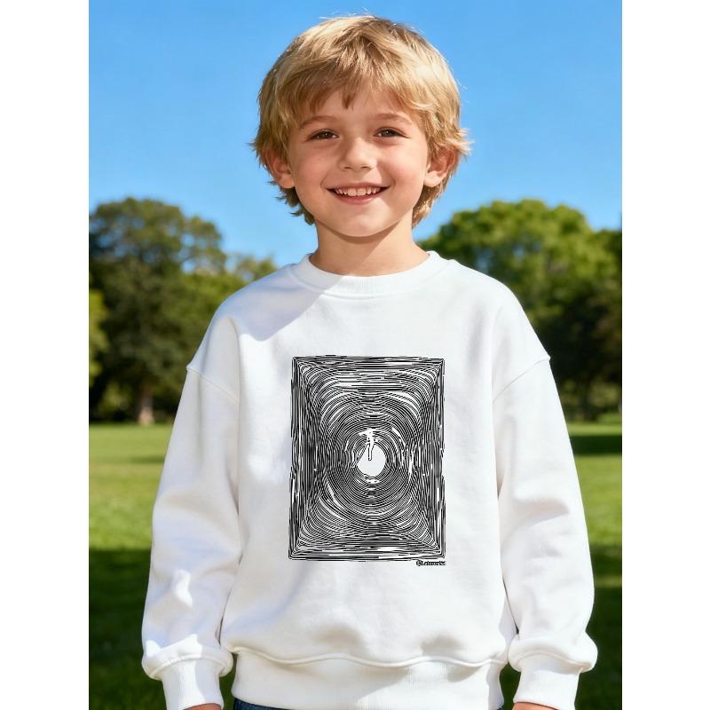 Kids Crewneck Sweatshirt, Abstract Spiral & Letter Print, Spring Autumn Casual Tops 110