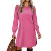 Womens Puff Long Sleeve Dress Casual Knit Crewneck Knee Length Dresses With Pockets