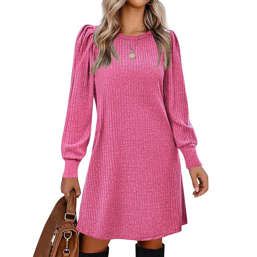 Womens Puff Long Sleeve Dress Casual Knit Crewneck Knee Length Dresses With Pockets