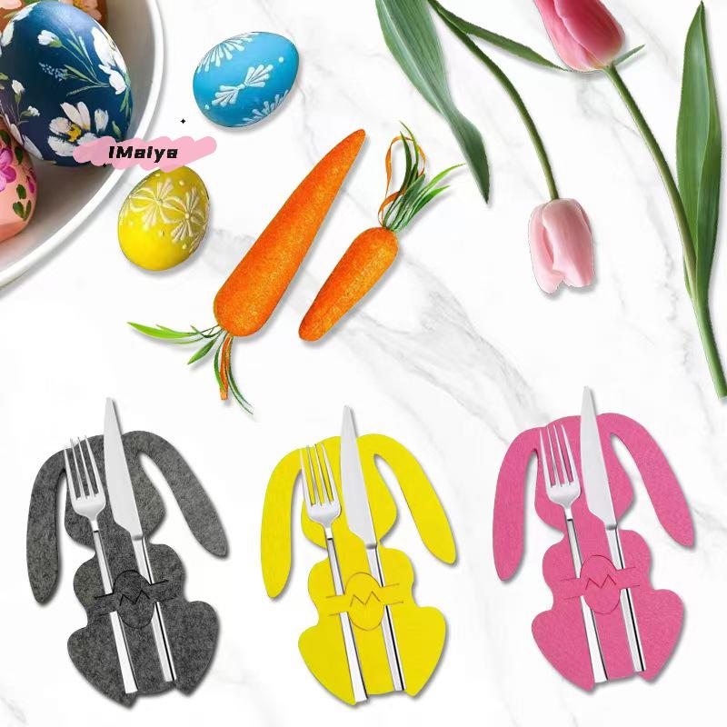 12 Stück/Set Bunte Kaninchen Oster-Thema Vlies Tischsets mit Gabeln und Messern für Tischdekoration Frohe Ostern Party