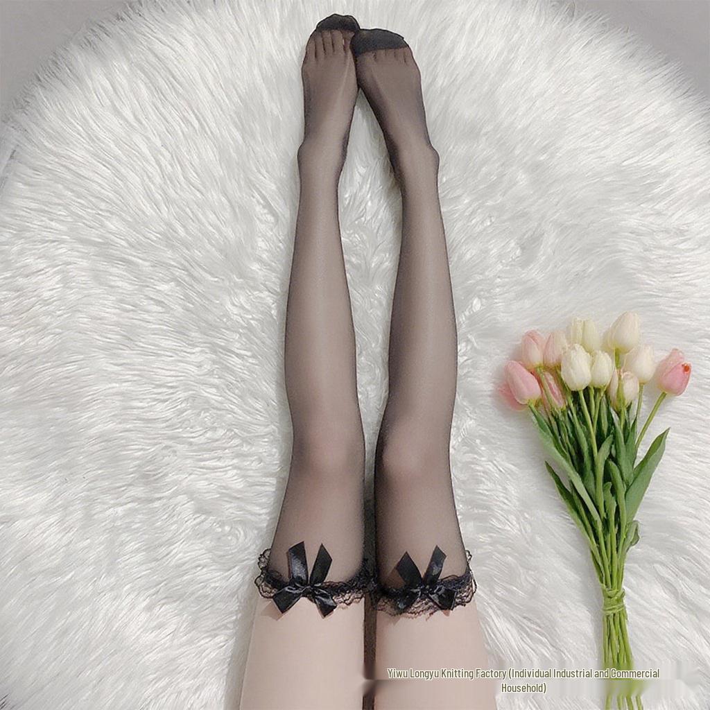 Czarne Koronkowe Pończochy do Uda z Kokardką - Damskie Seksowne Skarpetki za Kolano