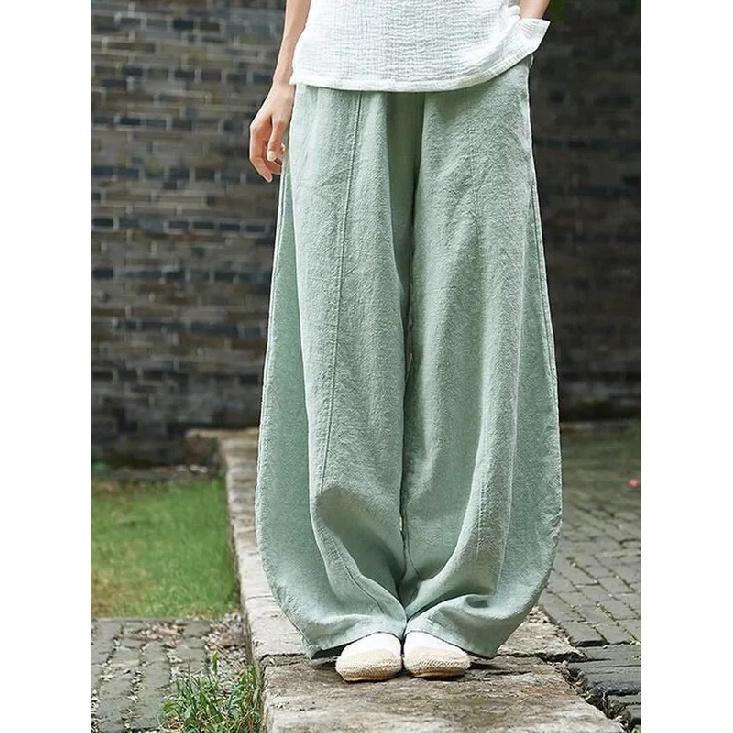 2026 Cotton Linen Bloomers Wide Leg Pants Women Vintage Full Length Fashion Elegent Pants Solid Elasitic Waist Spring Autumn 5XL