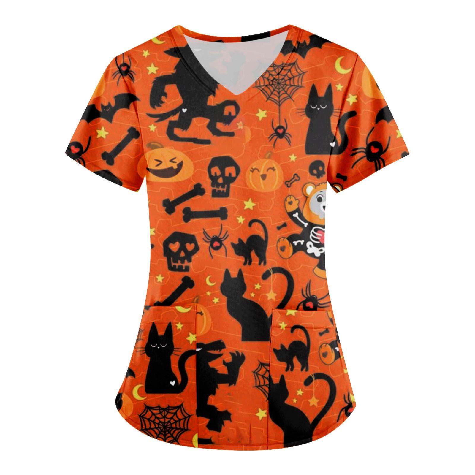 

Women Fashion Halloween Printing Short Sleeve V-Neck Tops Working Uniform Pocket Blouse S