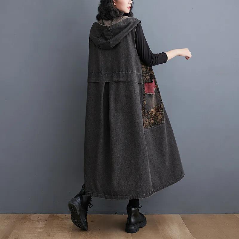 Chaqueta de Otoño para Mujer sin Mangas con Bolsillos Grandes Estampado Vintage Diseño con Capucha Jeans de Mezclilla Sueltos Chaleco Ropa de Abrigo para Mujer