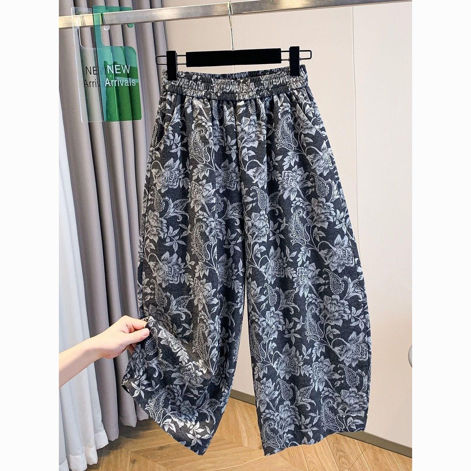 Ethnic style printed wide-leg pants women s summer loose and thin casual pants small high waist nine-point radish pants S