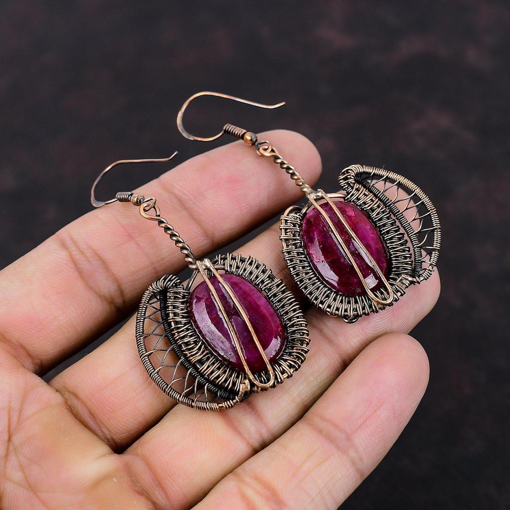 Faceted Kashmir Ruby Earring Copper Wire Wrapped Gemstone Earrings Copper Jewelry Handmade Dangle Earring Wire Wrapped Jewelry Gift For Wife