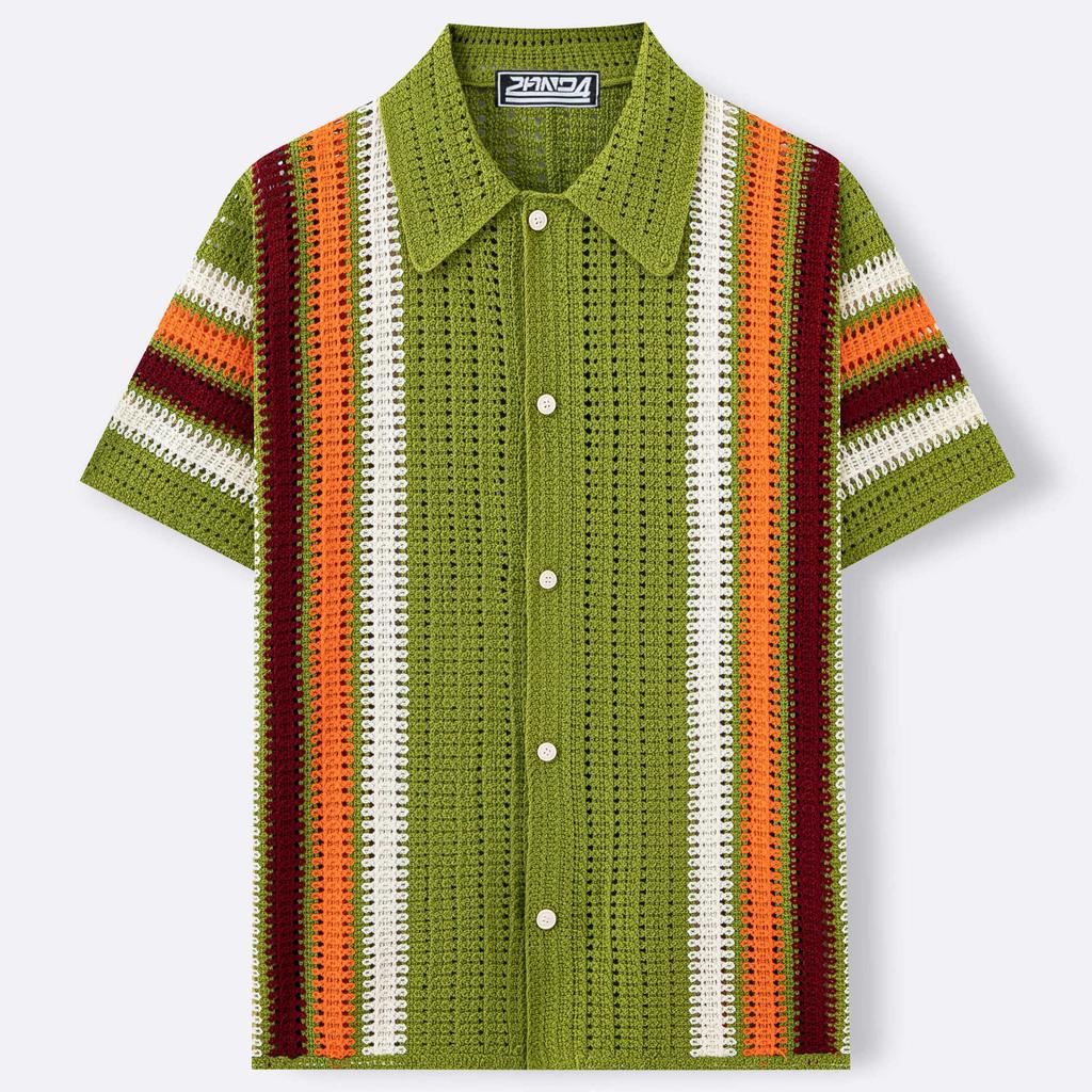 Men's Knitted Crochet Short Sleeve Shirts Casual Button Down Hollow Out Collared Shirt Tops for Men Summer Vacation Vintage Knit Golf Beach Shirts Top