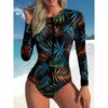 Women Long Sleeve One Piece Swimsuit Zip Front Ink and Wash Flowers  Print Rash Guard Surfing Bathing Suit