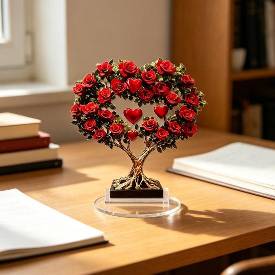 Acrylic Rose Ornament, 2D Flat Flower Decoration with Base, Table Centerpiece Rose Ornament, Romantic Desktop Decor for Home Shelf Cabinet