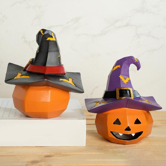 Halloween Ornament Pumpkin Wearing Witch Hat Shape Statue Indoor Outdoor Decor Spooky Halloween Tabletop Decoration