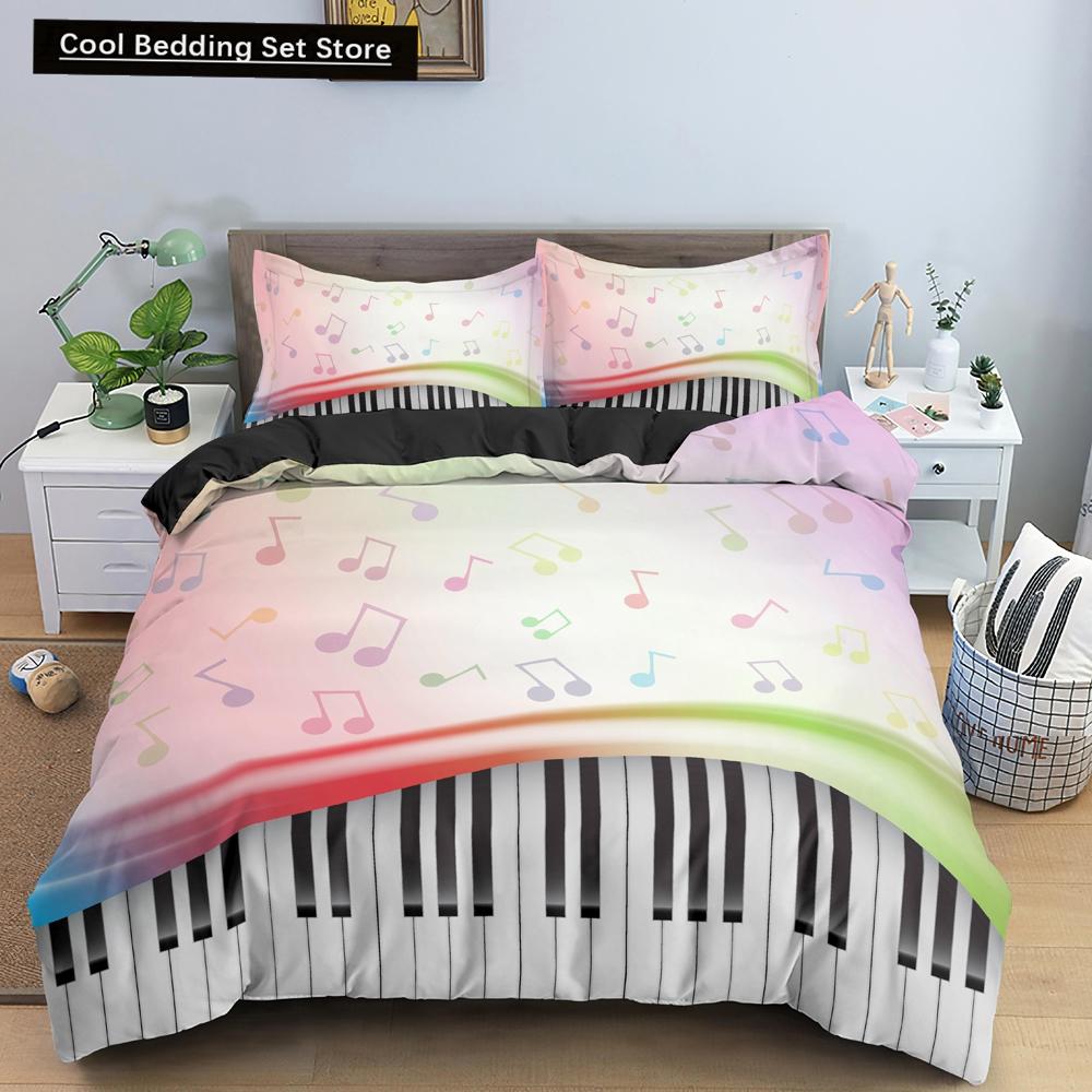 Piano Music King Queen Duvet Cover Musical Notes Bedding Set For Kids Teens Girls Black And White Piano Keys 2/3Pcs Quilt Cover