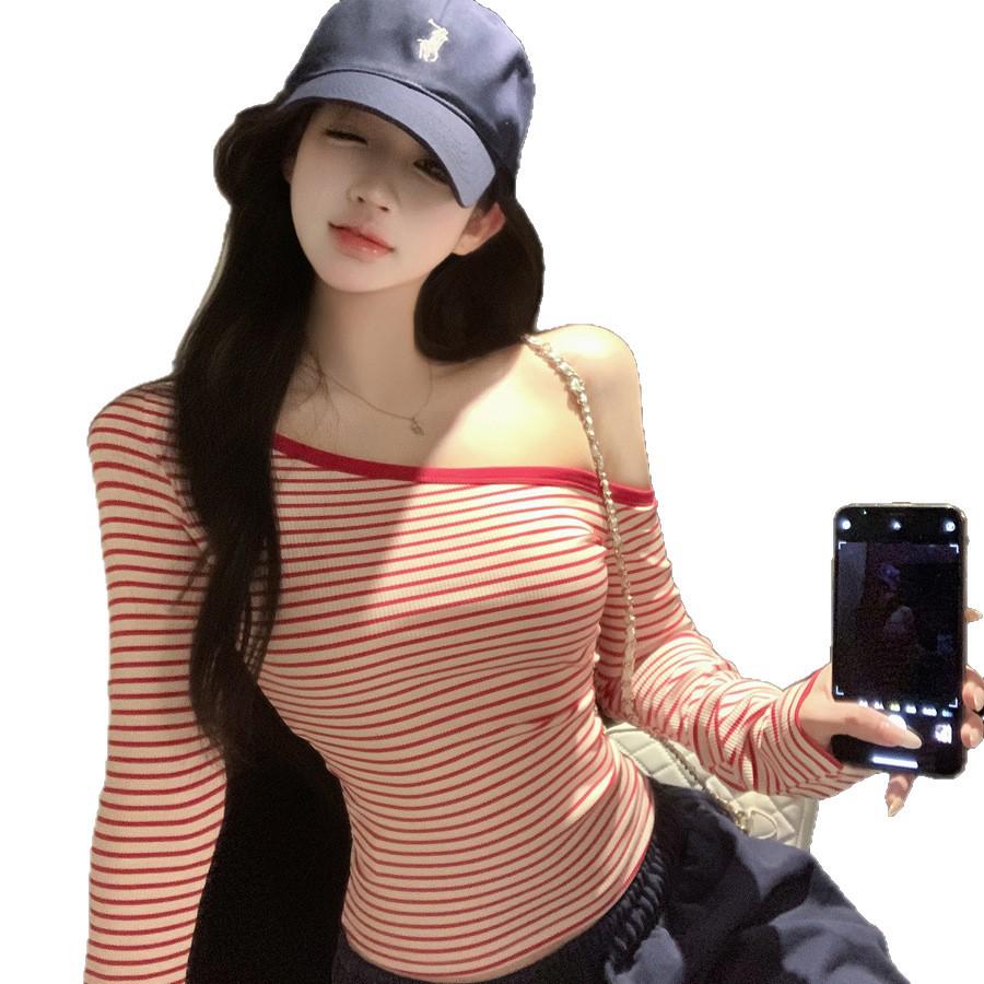 Pink Striped One-Shoulder Slim-Fit Long-Sleeve Top for Petite Women - Autumn/Winter Style