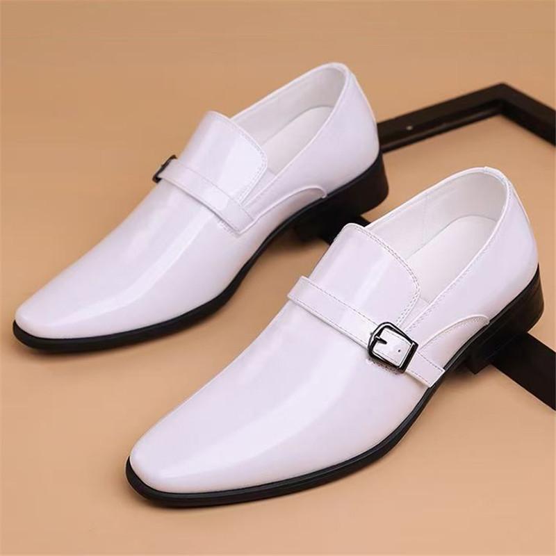 

Designer New Men s Pointed Toe Black White Patent Leather Wedding Dress Shoes Male Slip On Monk Strap Loafers Zapatos Hombre 44