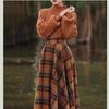 Women's Autumn Winter New Fashion Long Sleeve Knitted Sweater Pullover Tops Plaid Woolen Blends Skirt Two-piece Sets