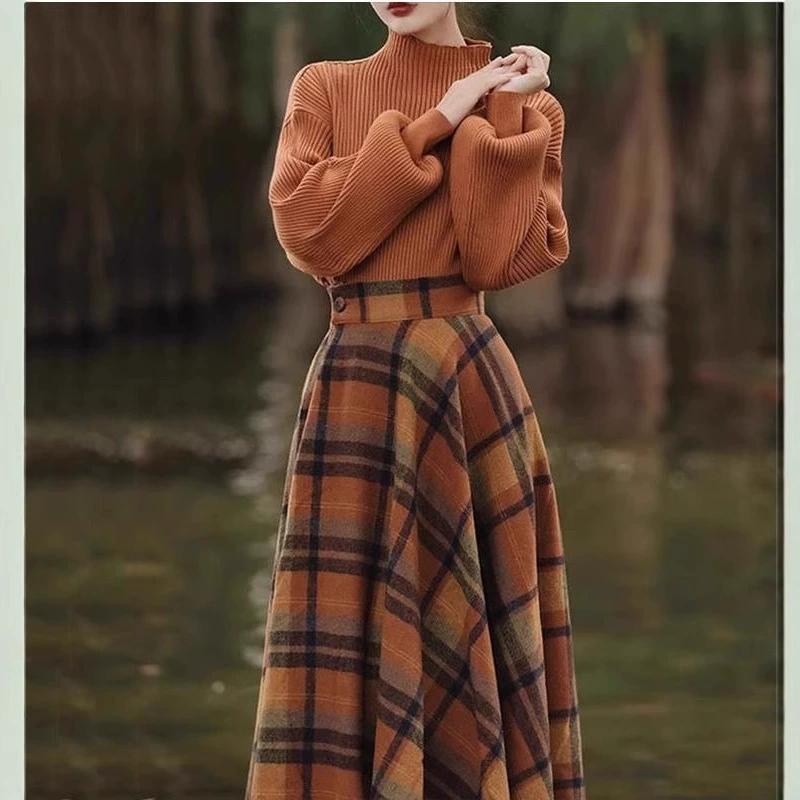 Dámské Podzim Zima Nová móda Pletený svetr s dlouhým rukávem Svetr Topy Kostkované směsi vlny Sukně Dvoudílné sady