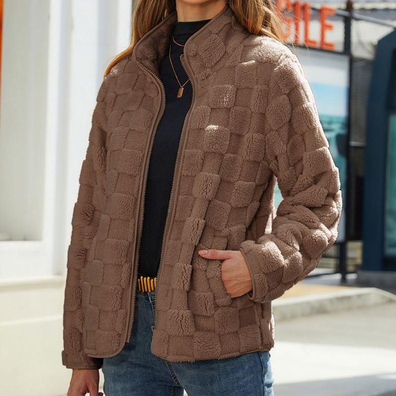 2025 Autumn/Winter New Collection, Women's Wear, Long Sleeve Cardigan, Zipper Jacket, Loose, Solid Color, Checkered Plush Jacket