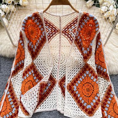 Summer Bohemian Long-Sleeve Knit Cardigan for Women Hollow Crochet Knit Cardigan Loose Vintage Knit Top