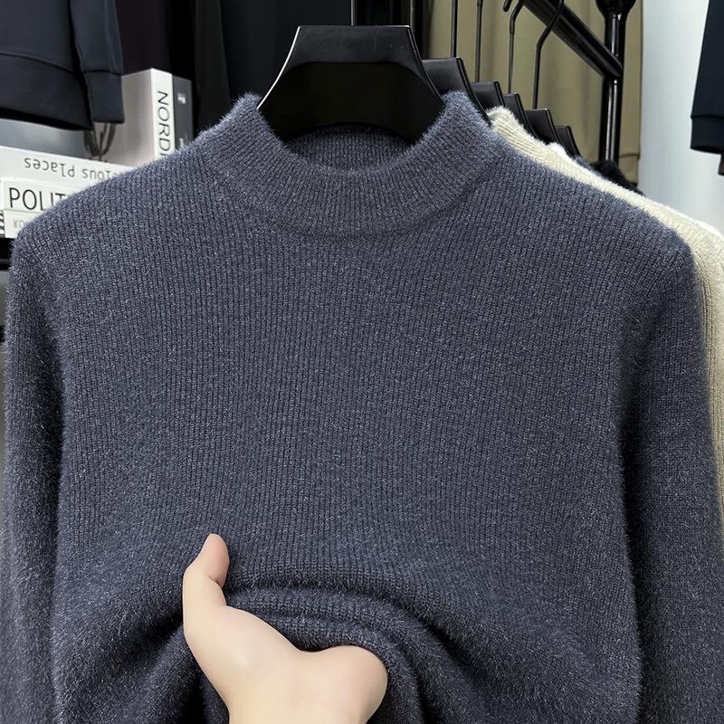 Men s High Neck Solid Color Thick Knit Sweater - Velvet Warm Base Layer for Autumn/Winter M