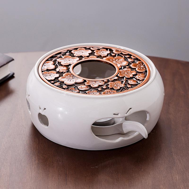 Japanese Style Ceramic Tea Warmer with Candle-Heated Insulated Glass Pot.