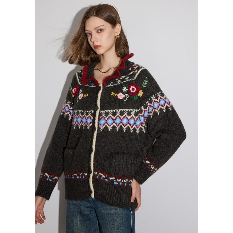 DIMANAF 2025 Sweaters Cardigan Flowers Autumn Pockets Women Print V-Neck Sweaters Knitting Loose Sweater