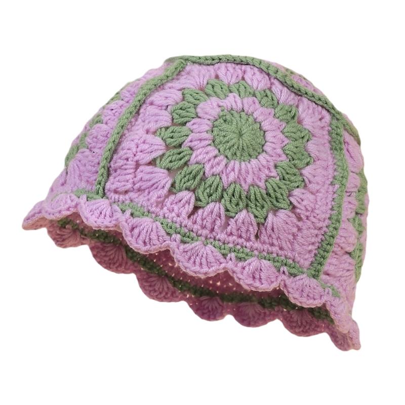 Elegant Bucket Hat Floral Granny-square Crochet Hat Holiday Decors Vacation Hat Western Cloch Style for Schoolgirls