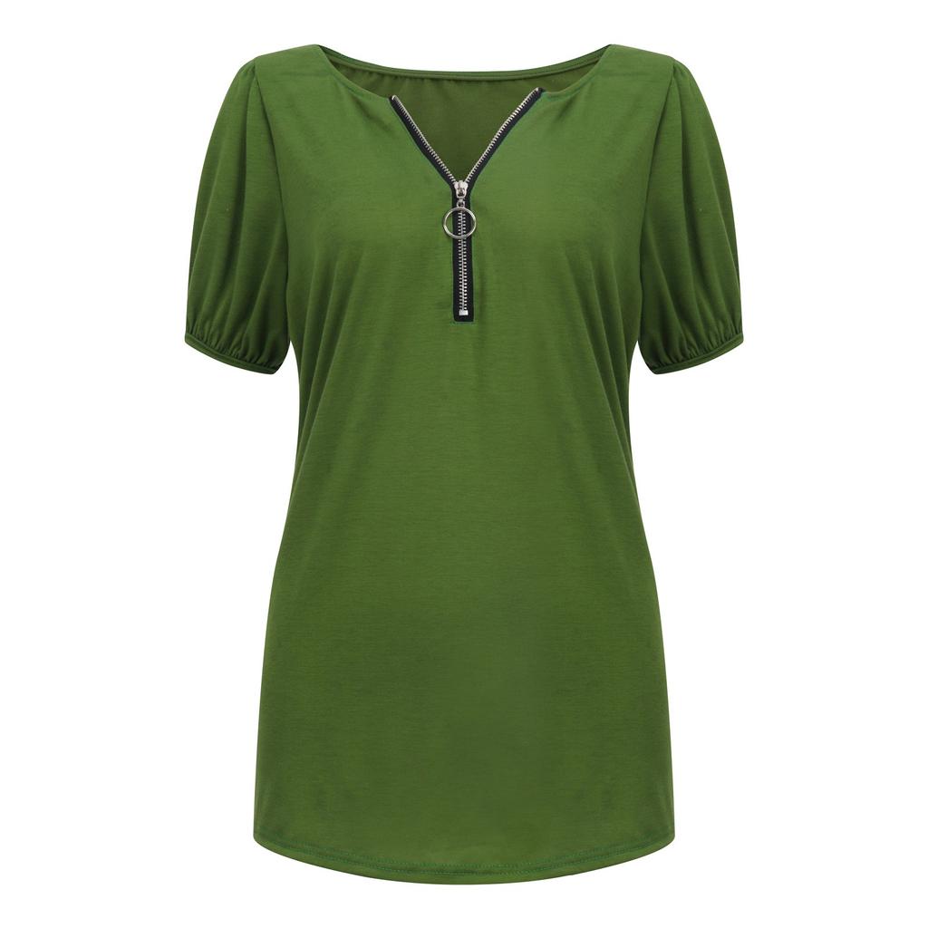 Women's Casual Fashion Zipper V-neck Solid Color Short Sleeve Top