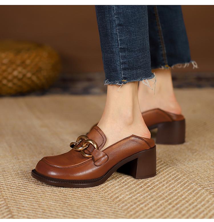 Escarpins pour femmes en cuir de vachette entièrement en cuir avec chaîne en métal mocassins chaussures chaussures paresseuses