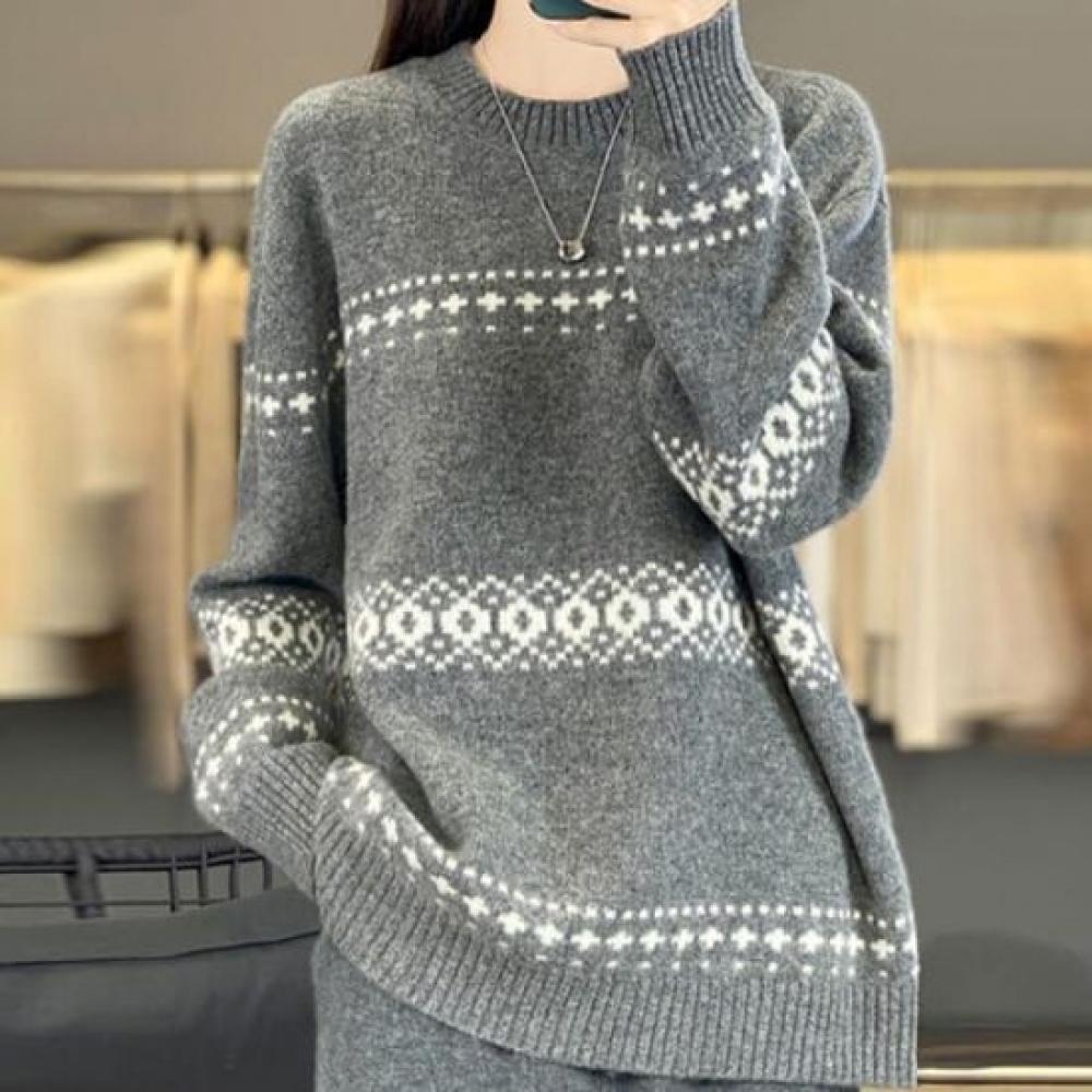 Navava Women Pattern Color Block Round Neck Long Sleeve Knit Nk3459