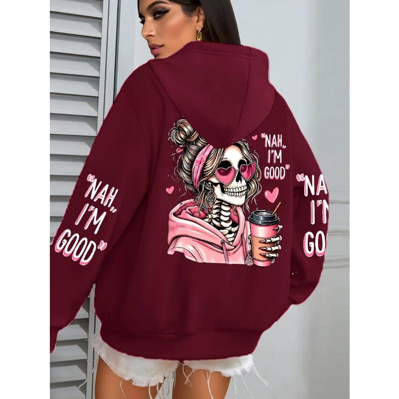 Felpa con cappuccio casual larga da donna, top stampato street fashion