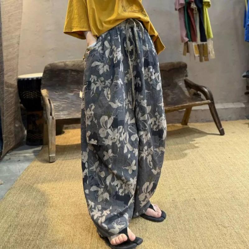 Women's Black Floral Print Linen Blend Harem Pants Loose Casual Lantern Trousers