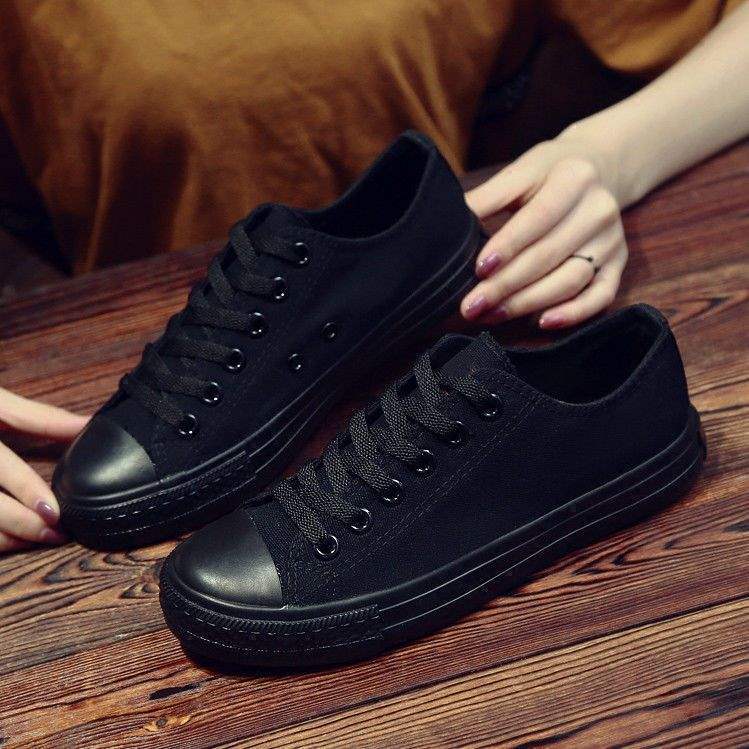 Small black shoes spring all black tide flat baseplate shoes sneakers canvas shoes