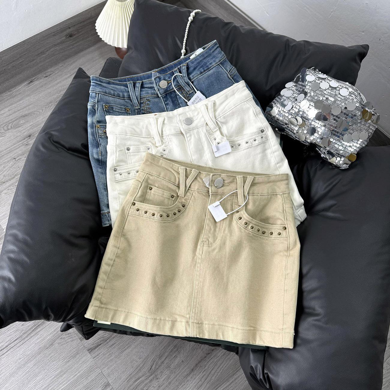Women s Spring 2026 Rivet High-Waisted Denim Mini Skirt - Anti-Exposure, Elastic, Petite Large