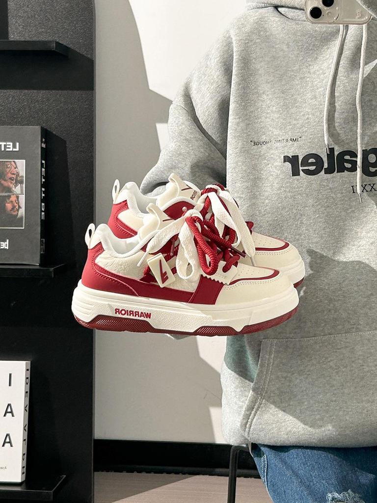 Women's Burgundy Autumn Sneakers: Breathable, Thick-Soled, Versatile Sports Shoes