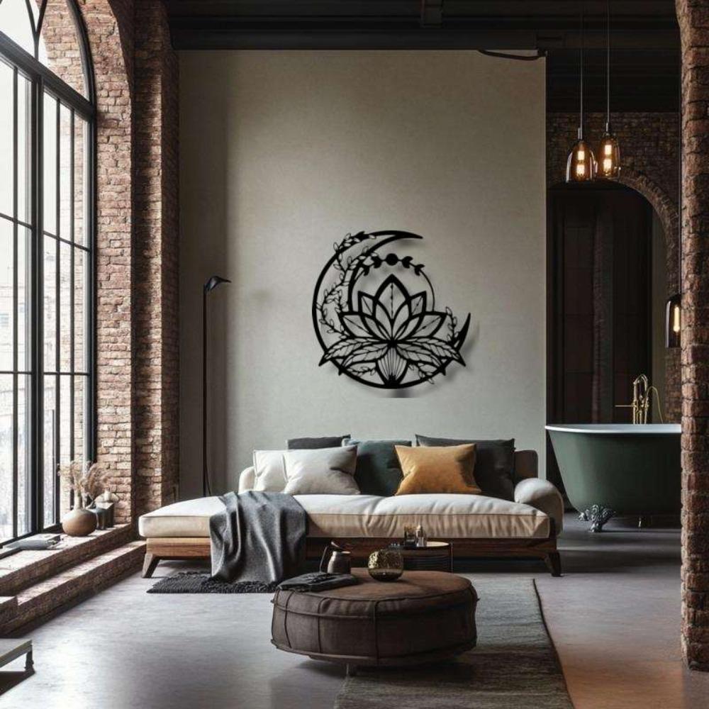Wrought Iron Lotus Moon Wall Art Modern Minimalist Home Decor Living Room Bedroom Outdoor Patio Easy Install Housewarming Wedding Gift