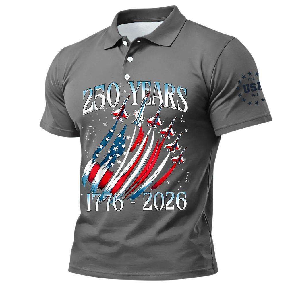 Men's Polo Shirt Short Sleeve 250 Years 1776 2026 Printed USA Flag Aircraft Graphic Casual Top