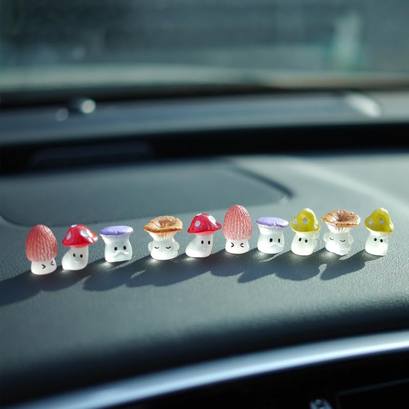 10Pcs Cute Glow in Dark Mini Mushroom Resin Figurines Car Interior Decoration Rearview Mirror Accessories Dashboard Ornament for Micro Landscape