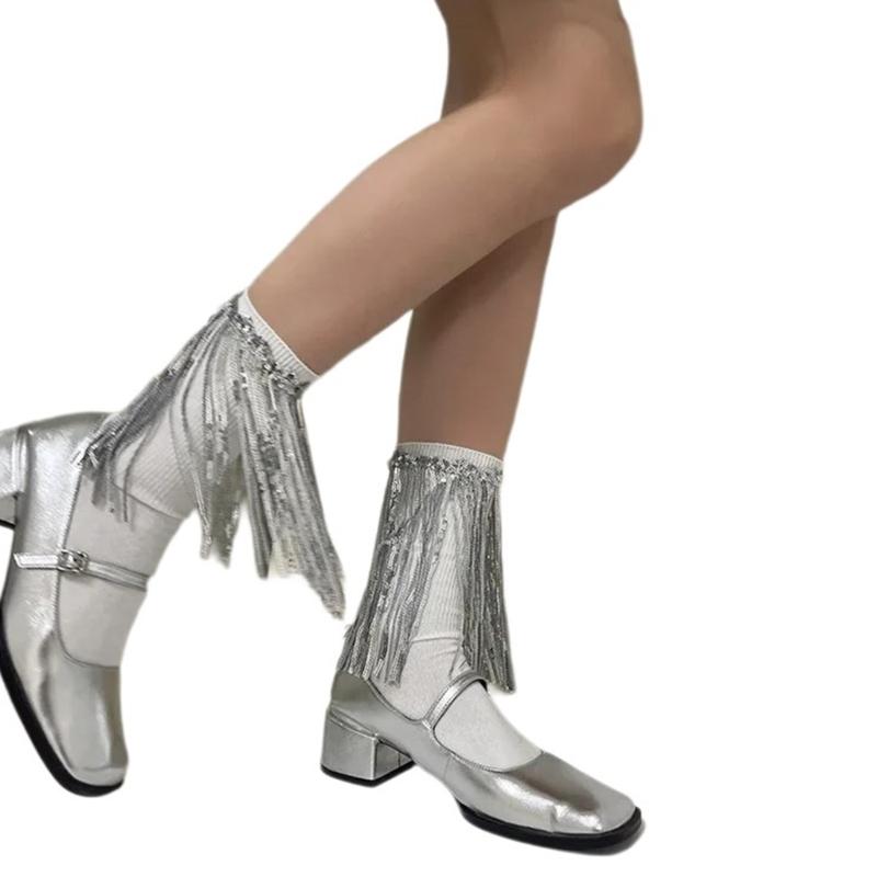 Womens Harajuku Sequins Tassels Decorative Trim Calf Sock 90s Solid Rib Middle Tube Sock Nightclub Party Stockings