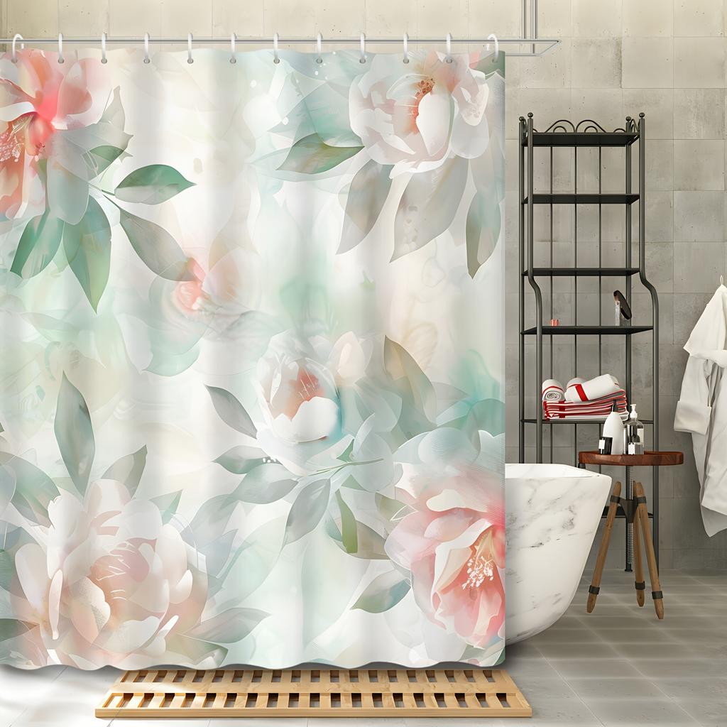 1pc Elegant Vintage Chinese Peony Floral Shower Curtain Polyester, Machine Washable With Hooks Suitable for Bathroom Decoration