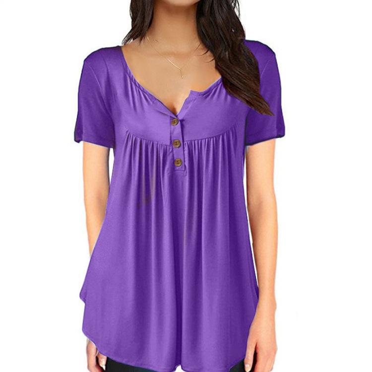 T-shirt d'été pour femme, couleur unie, à boutons, coupe ample, manches courtes
