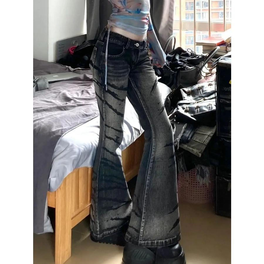 Pantalones vaqueros acampanados con estampado de rayas de cebra y grafiti, pantalones de mezclilla con corte ligeramente acampanado, pantalones Y2k, estilo harajuku, punk, gótico, grunge