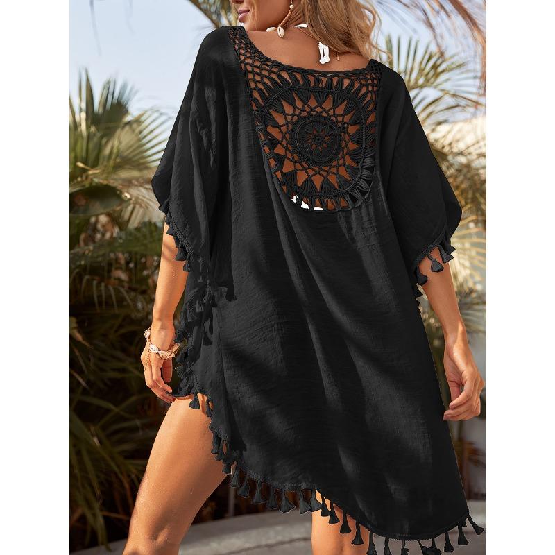 New Fashion Lace Beach Dress Sexy Women Irregular Cover Up Hollow Loose Seaside Dress Large Size Tassel Bikini Style Casual Summer Solid Clothing