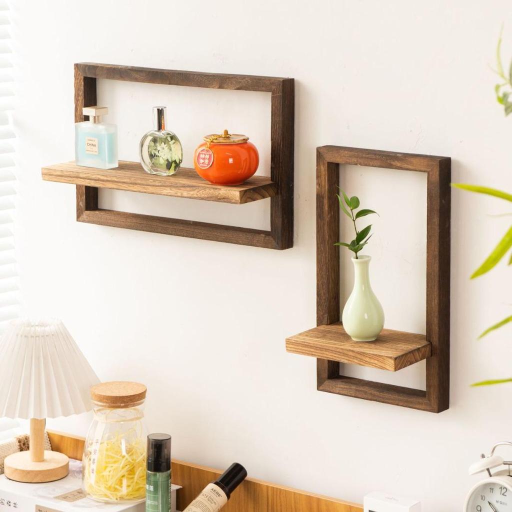 Square Solid Wood Floating Wall Shelf for Living Room - Creative Wooden Photo Frame & Ornament Display